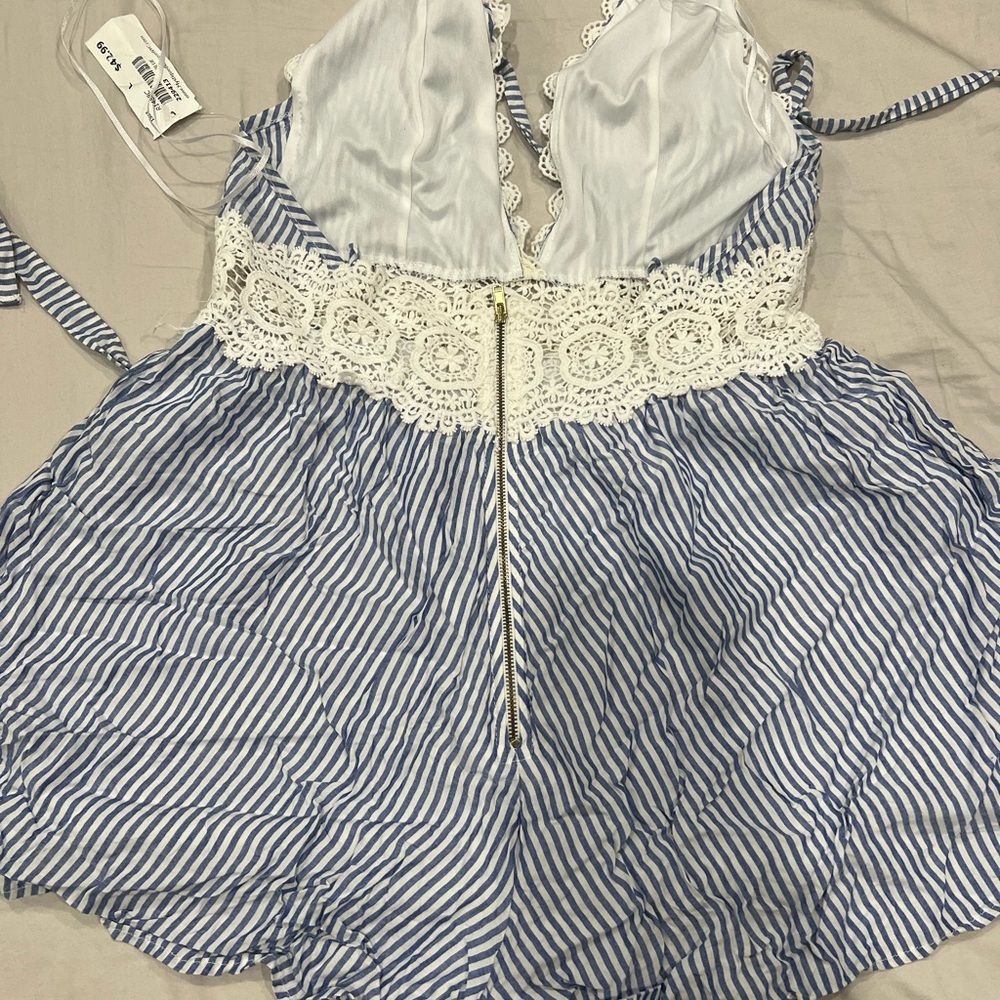 Striped Blue and White Lace Trim Romper